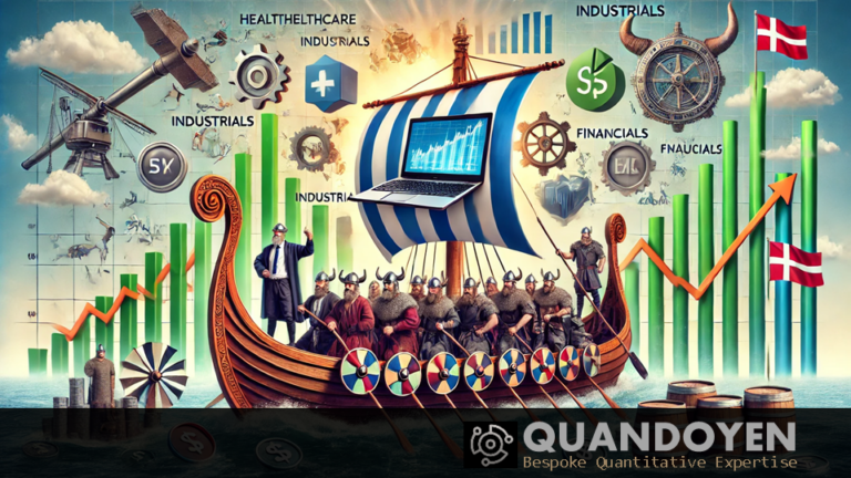 A humorous and witty image of a Viking-style ship sailing through modern financial data charts and stock market symbols.