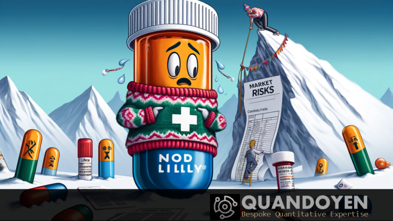 Illustration of a giant Nordic-style pill bottle wearing a distressed expression, wrapped in a Nordic sweater, teetering on a snowy mountain labeled 'Market Risks,' with smaller elements like an Eli Lilly pill bottle climbing with an ice axe.