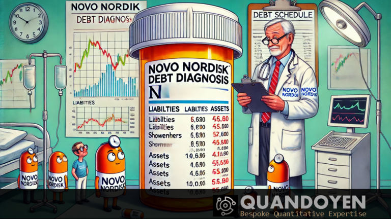 A doctor holding a prescription pad titled 'Novo Nordisk Debt Diagnosis' while examining a large pill bottle labeled 'Liabilities,' with anxious figures representing shareholders and assets in a lighthearted financial scene.