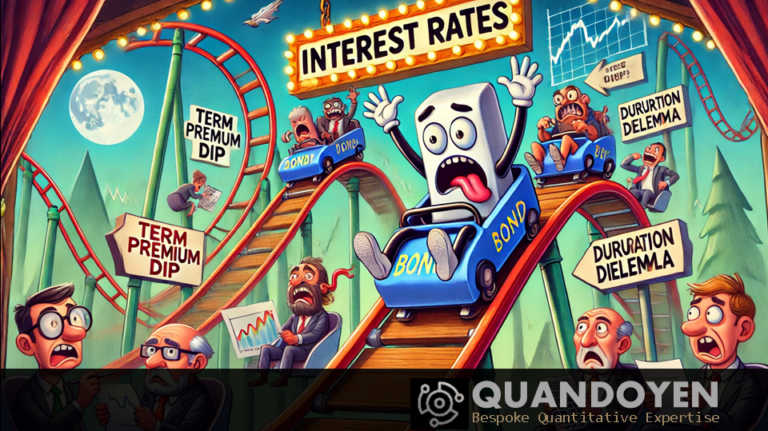 A mischievous cartoon bond character on a rollercoaster labeled 'Interest Rates,' surrounded by investors holding charts and calculators in a financial theme park.