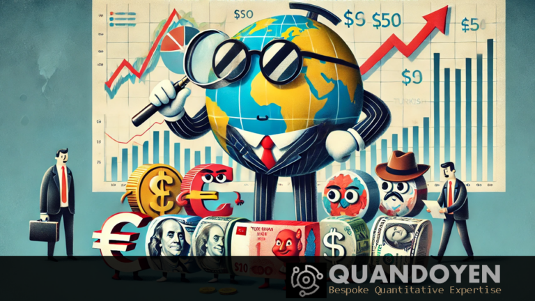 A globe in a business suit inspecting colorful anthropomorphized currencies with a magnifying glass, featuring playful charts and financial graphs in the background.