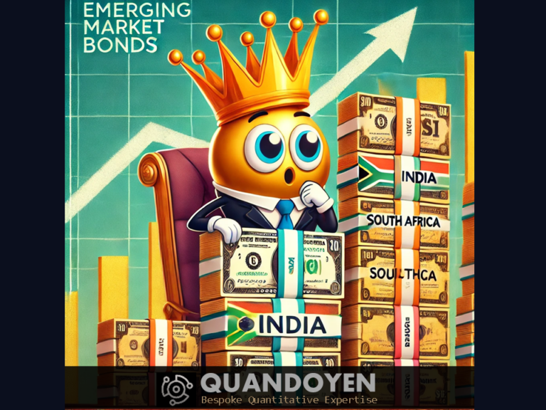 Cartoon of cash wearing a crown overshadowed by towering bond certificates labeled India, South Africa, and Indonesia, with a financial chart showing upward trends in the background.