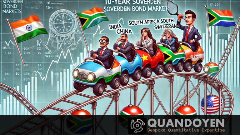 An illustration of a rollercoaster labeled with country flags (India, China, South Africa, Switzerland, and the US) riding up and down dramatic financial charts, with a cartoon economist holding a magnifying glass.
