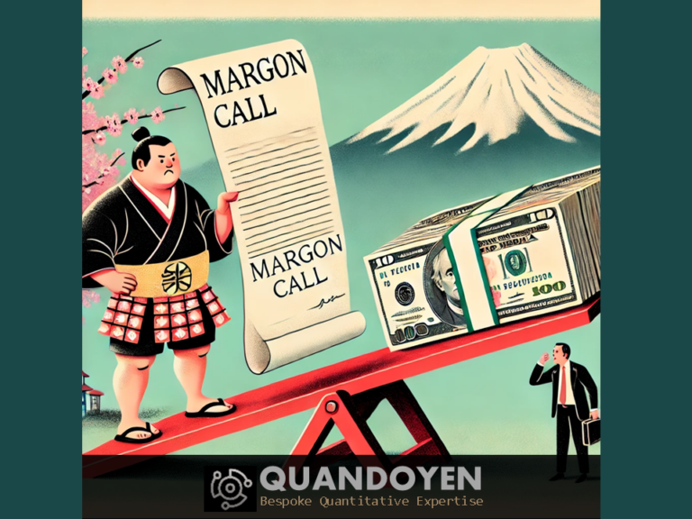 Humorous illustration of a sumo wrestler holding a giant margin call letter on a seesaw with teetering US Treasury bills and a worried investor, set against a Japanese backdrop.